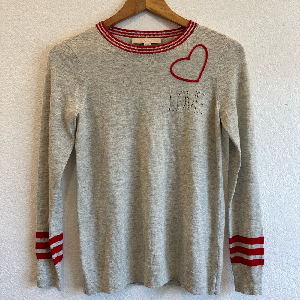 Loft "Love" Heart Grey Crew Neck Sweater Size XS (Petites)